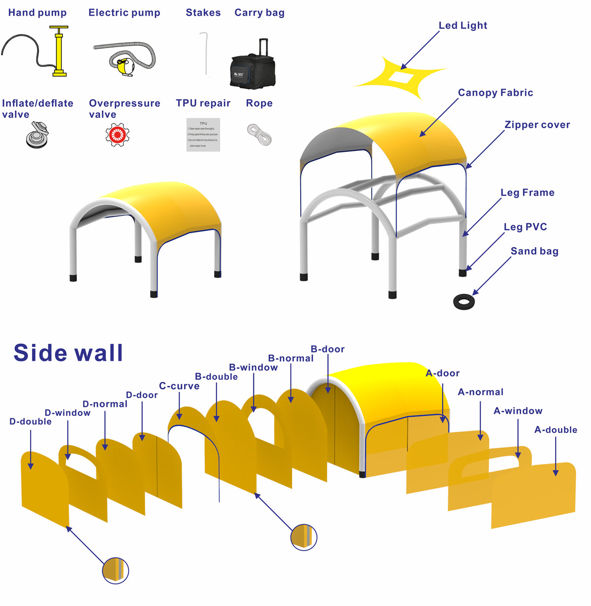 Inflatable activity tent exploded view